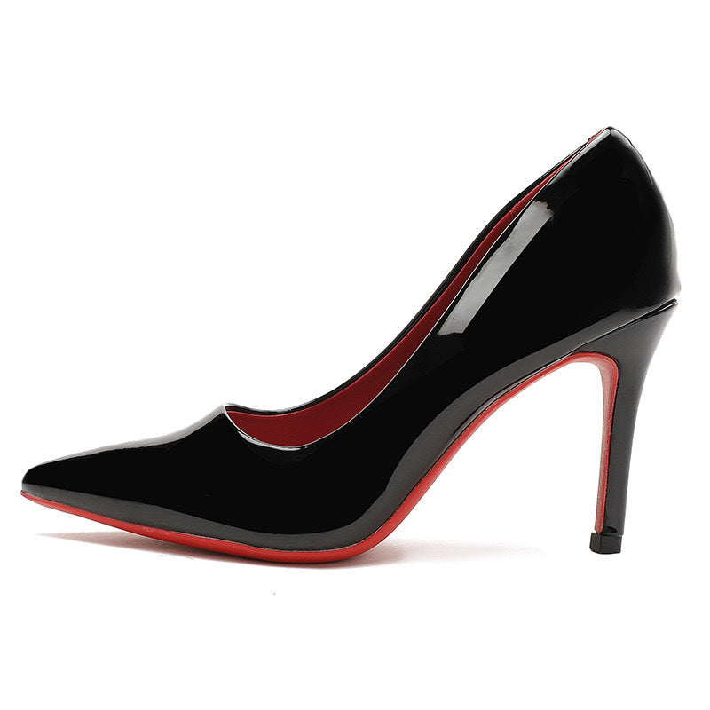 Black High-Heeled Shoes for Women with Thin Heels 2026 Spring and Autumn New Style Red Sole Patent Leather Pointed Toe Sexy Nude Work Shoes - JAS-3