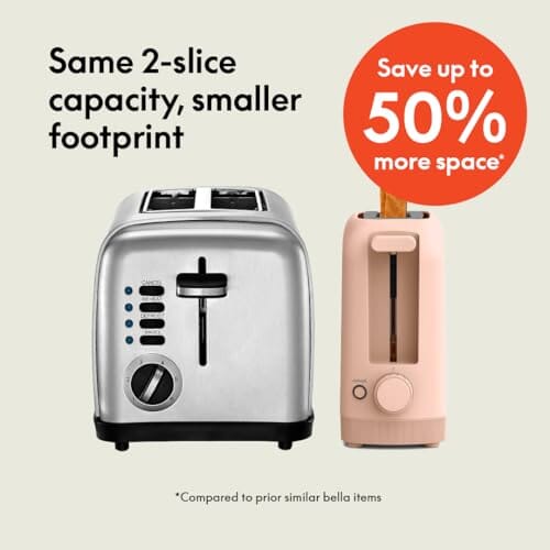 bella 2 Slice Slim Toaster, Fits-anywhere™ Kitchenware, 6 Setting Shade Control with Reheat & Cancel Buttons, Fits sourdough, 10” Long Slot, Anti Jam & Auto Shutoff, 900 Watt, Oatmilk JAS-3 