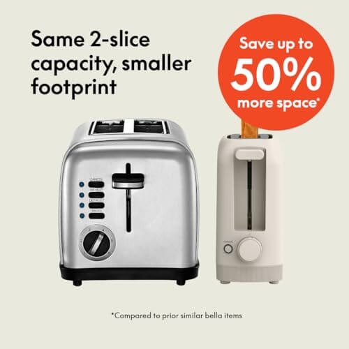 bella 2 Slice Slim Toaster, Fits-anywhere™ Kitchenware, 6 Setting Shade Control with Reheat & Cancel Buttons, Fits sourdough, 10” Long Slot, Anti Jam & Auto Shutoff, 900 Watt, Oatmilk JAS-3 