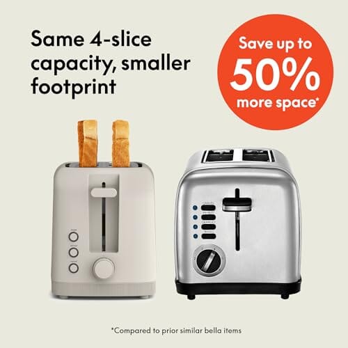 bella 2 Slice Slim Toaster, Fits-anywhere™ Kitchenware, 6 Setting Shade Control with Reheat & Cancel Buttons, Fits sourdough, 10” Long Slot, Anti Jam & Auto Shutoff, 900 Watt, Oatmilk JAS-3 