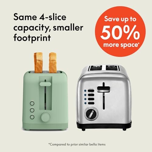 bella 2 Slice Slim Toaster, Fits-anywhere™ Kitchenware, 6 Setting Shade Control with Reheat & Cancel Buttons, Fits sourdough, 10” Long Slot, Anti Jam & Auto Shutoff, 900 Watt, Oatmilk JAS-3 