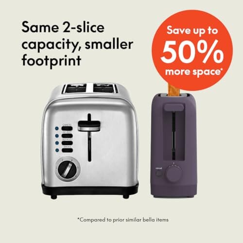 bella 2 Slice Slim Toaster, Fits-anywhere™ Kitchenware, 6 Setting Shade Control with Reheat & Cancel Buttons, Fits sourdough, 10” Long Slot, Anti Jam & Auto Shutoff, 900 Watt, Oatmilk JAS-3 