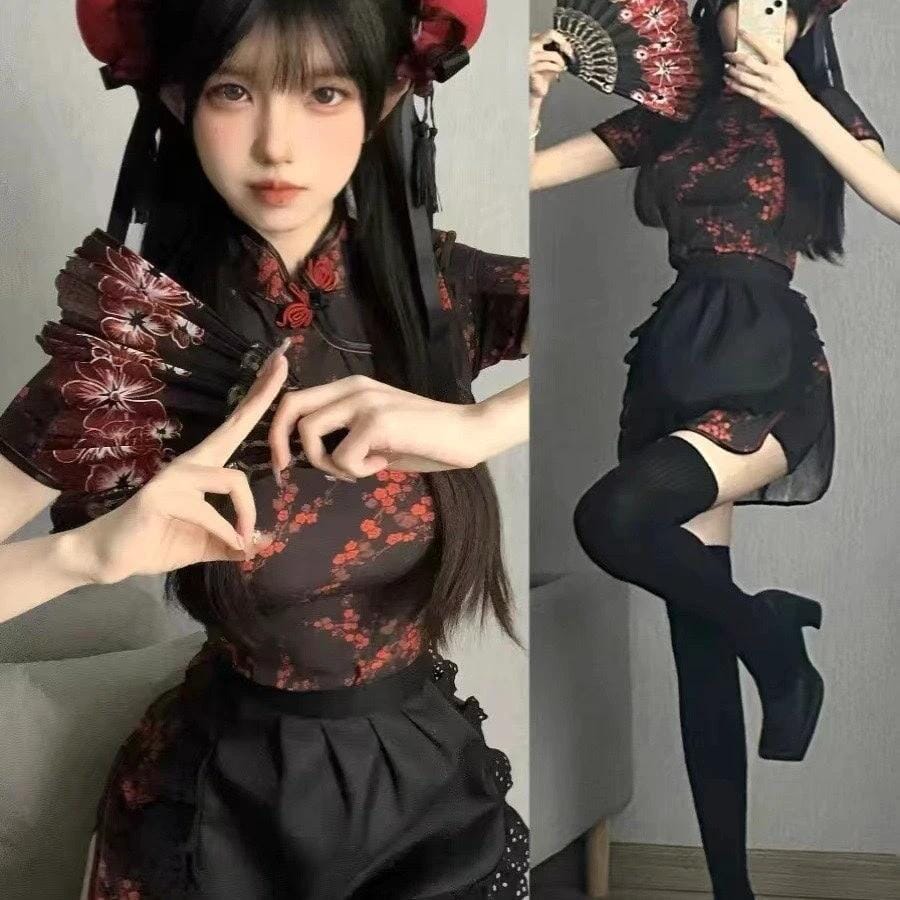 Chinese Little Cook Lolita Japanese Style Lolita Maid Apron Cos Suit New Chinoiserie Cheongsam Dress Suit JAS-3 