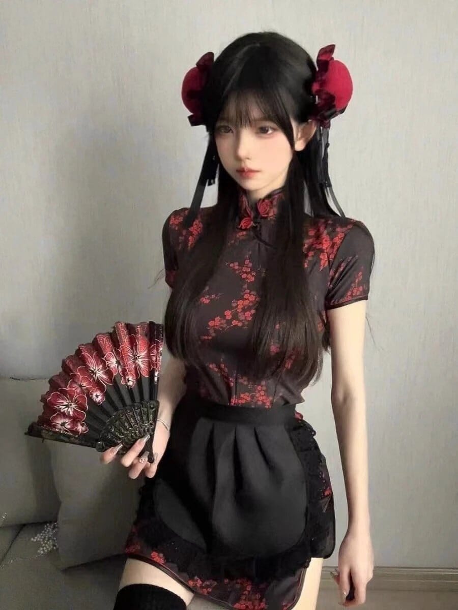 Chinese Little Cook Lolita Japanese Style Lolita Maid Apron Cos Suit New Chinoiserie Cheongsam Dress Suit JAS-3 black cheongsam black apron Suitable for 40.00 kg-60.00 kg 