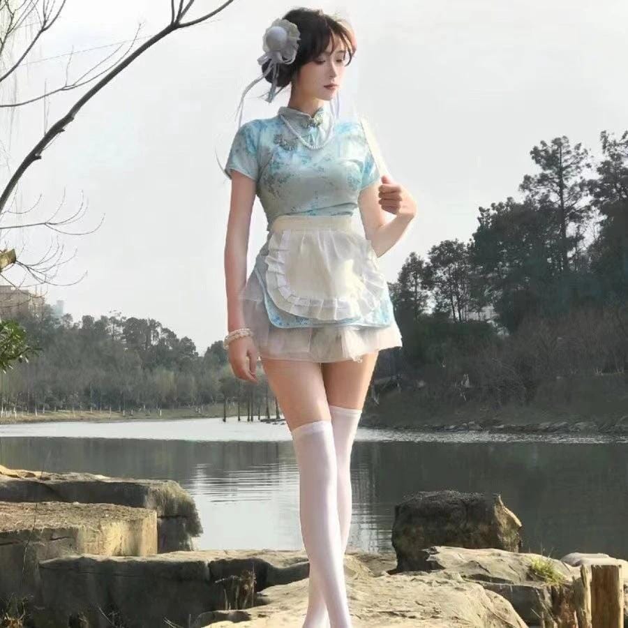 Chinese Little Cook Lolita Japanese Style Lolita Maid Apron Cos Suit New Chinoiserie Cheongsam Dress Suit JAS-3 blue cheongsam white apron Suitable for 40.00 kg-60.00 kg 