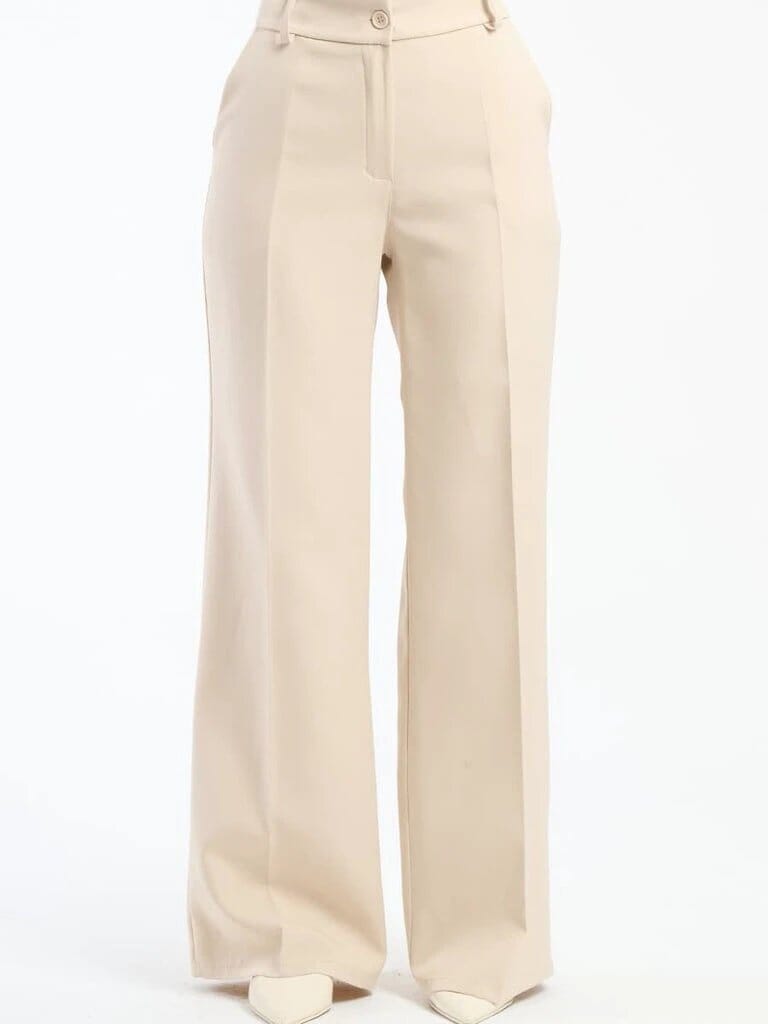 Pink Polyester Wide Leg Pants With Elastic Waist For Women Comfortable Chic Style JAS-3 Beige S 