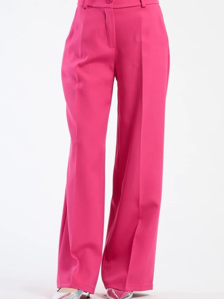 Pink Polyester Wide Leg Pants With Elastic Waist For Women Comfortable Chic Style JAS-3 Fuxia S 