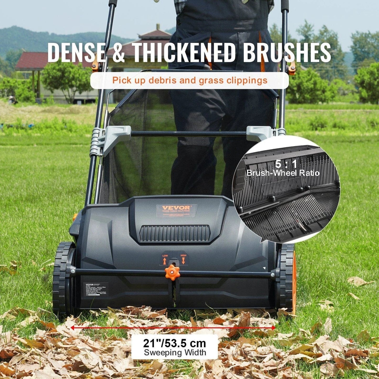 VEVOR Push Lawn Sweeper, 21-inch Leaf & Grass Collector, Strong Rubber Wheels & Heavy Duty Thickened Steel Durable to Use with Large Capacity 3.5 cu. ft. Mesh Collection Hopper Bag, 2 Spinning Brushes Doba 