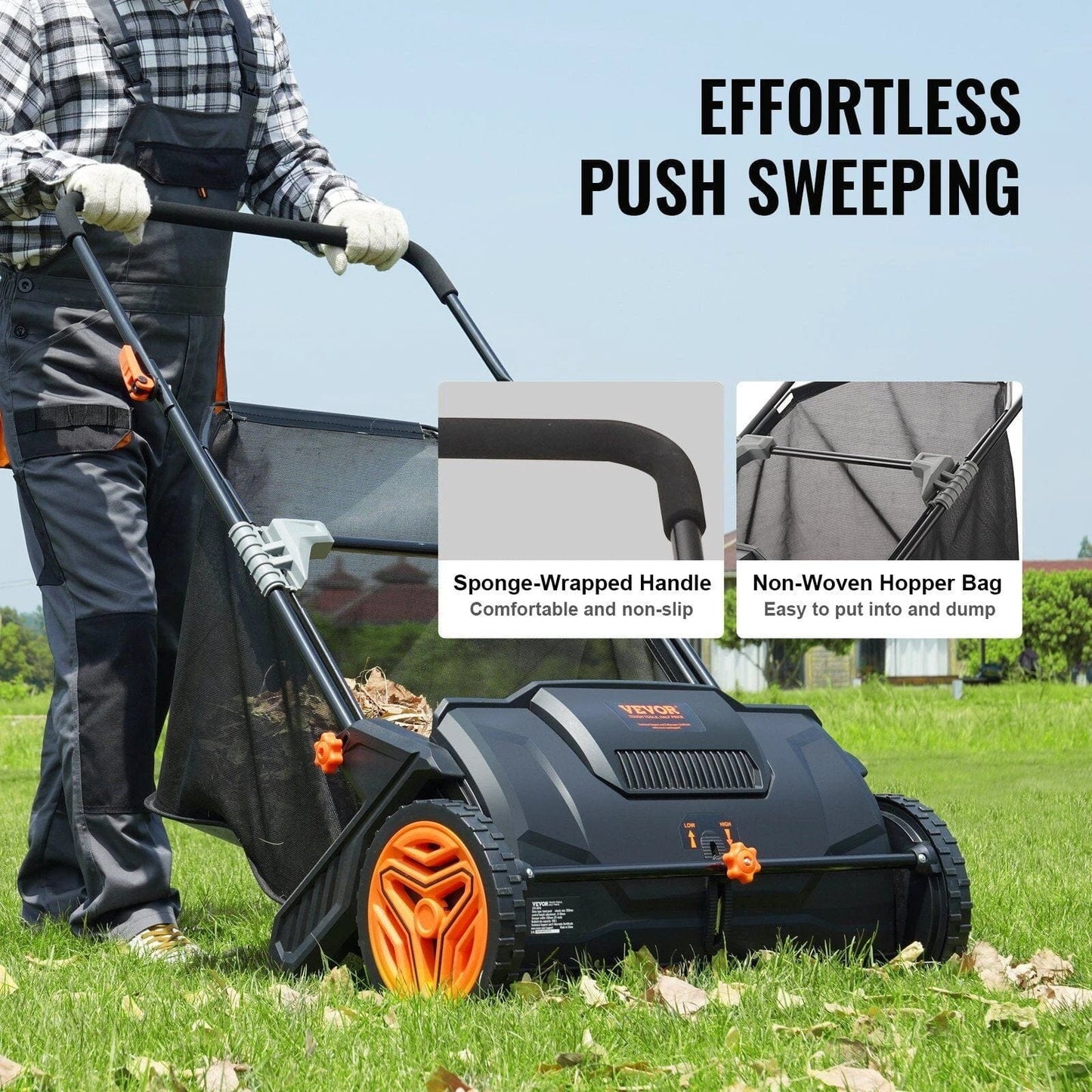 VEVOR Push Lawn Sweeper, 21-inch Leaf & Grass Collector, Strong Rubber Wheels & Heavy Duty Thickened Steel Durable to Use with Large Capacity 3.5 cu. ft. Mesh Collection Hopper Bag, 2 Spinning Brushes Doba 