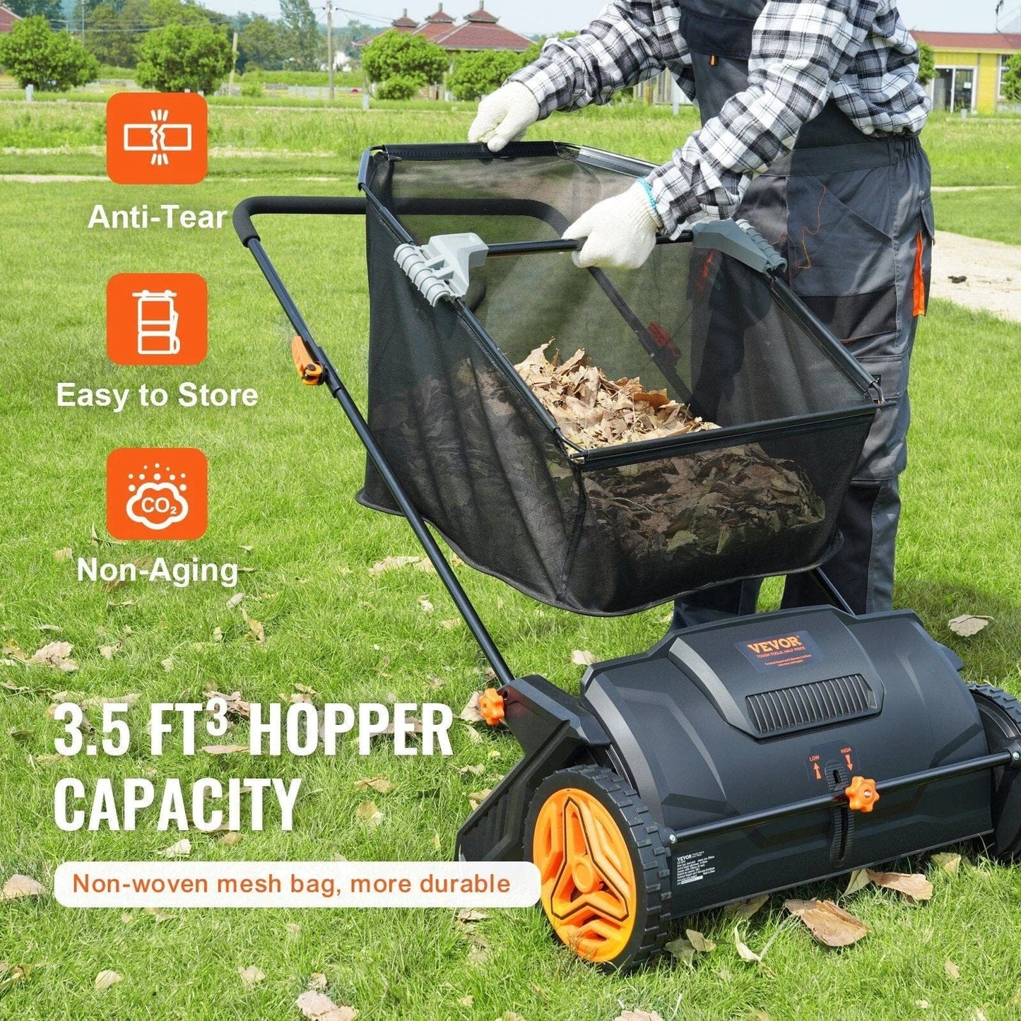 VEVOR Push Lawn Sweeper, 21-inch Leaf & Grass Collector, Strong Rubber Wheels & Heavy Duty Thickened Steel Durable to Use with Large Capacity 3.5 cu. ft. Mesh Collection Hopper Bag, 2 Spinning Brushes Doba 