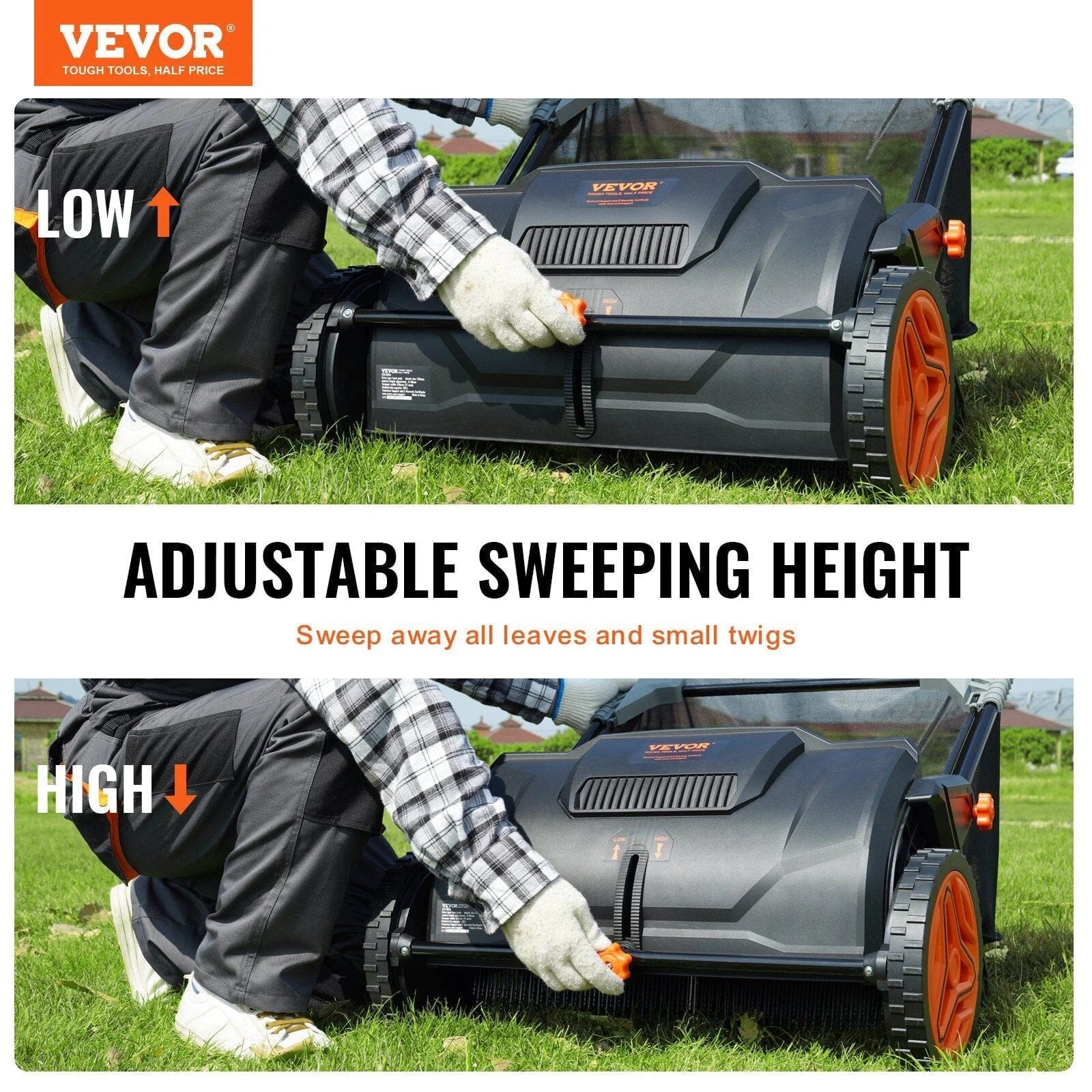 VEVOR Push Lawn Sweeper, 21-inch Leaf & Grass Collector, Strong Rubber Wheels & Heavy Duty Thickened Steel Durable to Use with Large Capacity 3.5 cu. ft. Mesh Collection Hopper Bag, 2 Spinning Brushes Doba 