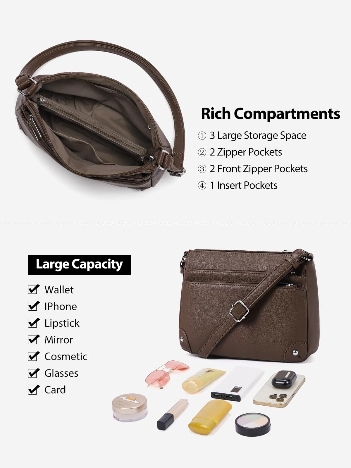 WESTBRONCO Crossbody Bags for Women, Medium Size Shoulder Handbags, Satchel Purse with Multi Zipper Pocket JAS-3 