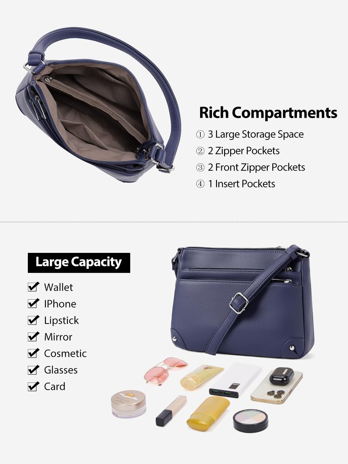 WESTBRONCO Crossbody Bags for Women, Medium Size Shoulder Handbags, Satchel Purse with Multi Zipper Pocket JAS-3 